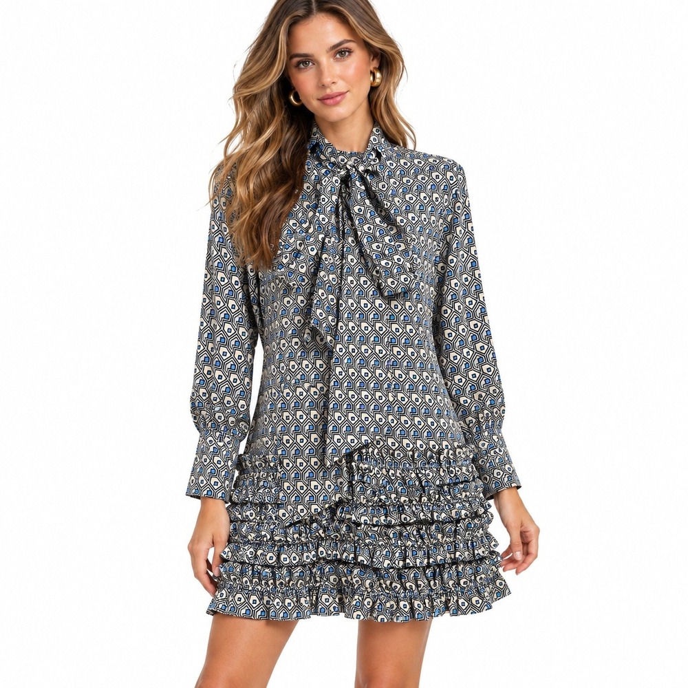 Tuckernuck Celia Tie Neck Ruffle Hem Dress M Blue Geometric Mod Retro Preppy